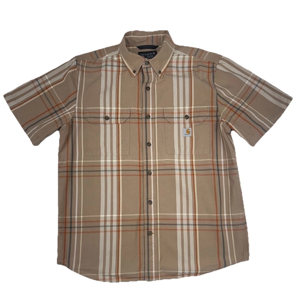 Carhartt Shirt Mens Size M Beige Relaxed Short Sleeve Button Up Hiking Outdoors